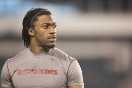 PHILADELPHIA, PA - DECEMBER 26: Robert Griffin III #10 of the Washington Redskins looks on prior to the game against the Philadelphia Eagles on December 26, 2015 at Lincoln Financial Field in Philadelphia, Pennsylvania.  (Photo by Mitchell Leff/Getty Images)