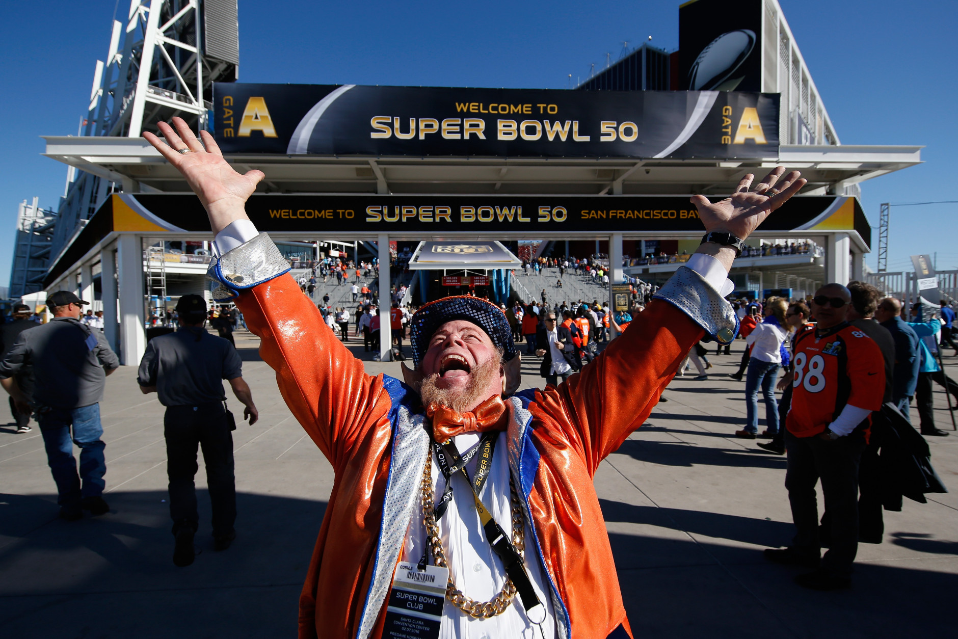 SANTA CLARA, CA - FEBRUARY 07:  Denver Broncos fan "Rocky the Leprechaun" poses outside of Levi's Stadium prior to Super Bowl 50 between the Denver Broncos and the Carolina Panthers on February 7, 2016 in Santa Clara, California.  (Photo by Sean M. Haffey/Getty Images)