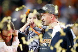 SANTA CLARA, CA - FEBRUARY 07:  Peyton Manning #18 of the Denver Broncos holds his daughter Mosley after the Denver Broncos defeated the Carolina Panthers with a score of 24 to 10 to win Super Bowl 50 at Levi's Stadium on February 7, 2016 in Santa Clara, California.  (Photo by Sean M. Haffey/Getty Images)