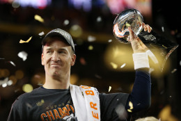 SANTA CLARA, CA - FEBRUARY 07:  Peyton Manning #18 of the Denver Broncos celebrates with the Vince Lombardi Trophy after Super Bowl 50 at Levi's Stadium on February 7, 2016 in Santa Clara, California. The Broncos defeated the Panthers 24-10.  (Photo by Patrick Smith/Getty Images)