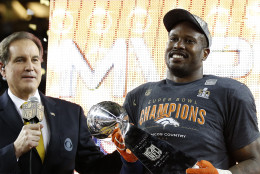 SANTA CLARA, CA - FEBRUARY 07:  Super Bowl MVP   Von Miller #58 of the Denver Broncos celebrates with the Vince Lombardi Trophy after winning Super Bowl 50 at Levi's Stadium on February 7, 2016 in Santa Clara, California.  The Broncos defeated the Panthers 24-10.  (Photo by Ezra Shaw/Getty Images)