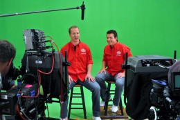 IMAGE DISTRIBUTED FOR PAPA JOHN'S - In this photo released by Papa John's on Friday, Oct. 26, 2012,  Denver Broncos quarterback Peyton Manning, left, shoots a television spot with Papa John's Founder, Chairman and CEO John Schnatter, during which Manning reveals that he is Papa John's latest franchisee. Papa John's newest "franchise player" will own 21 Papa John's restaurants in the Denver area.  The spot will air Sunday, Oct. 28, during NBC-TV's "Football Night in America" telecast. (Photo by Jack Dempsey/Invision for Papa John's/AP Images)