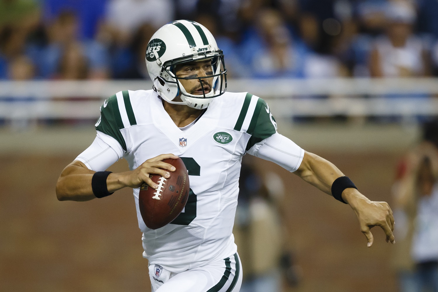 FILE - In this Friday, Aug. 9, 2013 file photo, New York Jets quarterback Mark Sanchez (6) drops back to pass against the Detroit Lions in the first quarter of an NFL football game in Detroit. Sanchez will start for the preseason home game against the Jacksonville Jaguars on Saturday. (AP Photo/Rick Osentoski, File)