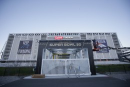 A Super Bowl sign is placed outside of Levi's Stadium Tuesday, Feb 2, 2016 in Santa Clara, Calif. The Denver Broncos will play the Carolina Panthers in the NFL Super Bowl 50 football game Sunday, Feb. 7, 2015, at Levi's Stadium. (AP Photo/Marcio Jose Sanchez)