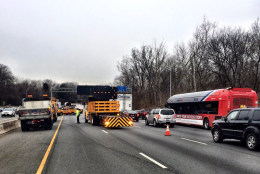 Two right lanes of the Outer Loop, and all lanes of the Inner Loop, of the Capital Beltway reopened at about 10 a.m. after a fatal tractor-trailer crash. (WTOP/Neal Augenstein)