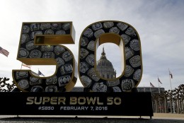 City Hall is framed by a Super Bowl 50 Thursday, Feb. 4, 2016, in San Francisco. (AP Photo/Charlie Riedel)