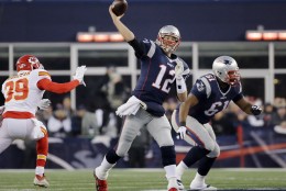 New England Patriots quarterback Tom Brady (12) passes against the Kansas City Chiefs in the first half of an NFL divisional playoff football game, Saturday, Jan. 16, 2016, in Foxborough, Mass. (AP Photo/Elise Amendola)