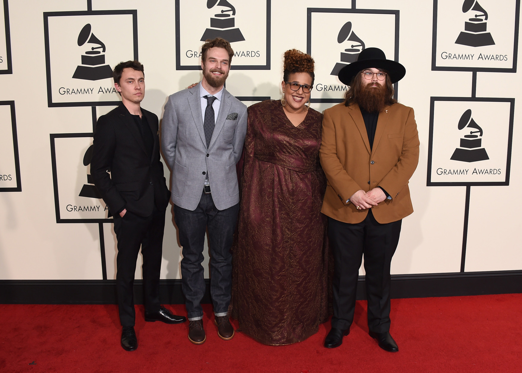 Heath Fogg, from left, Steve Johnson, Brittany Howard, and Zac Cockrell of Alabama Shakes arrive at the 58th annual Grammy Awards at the Staples Center on Monday, Feb. 15, 2016, in Los Angeles. (Photo by Jordan Strauss/Invision/AP)