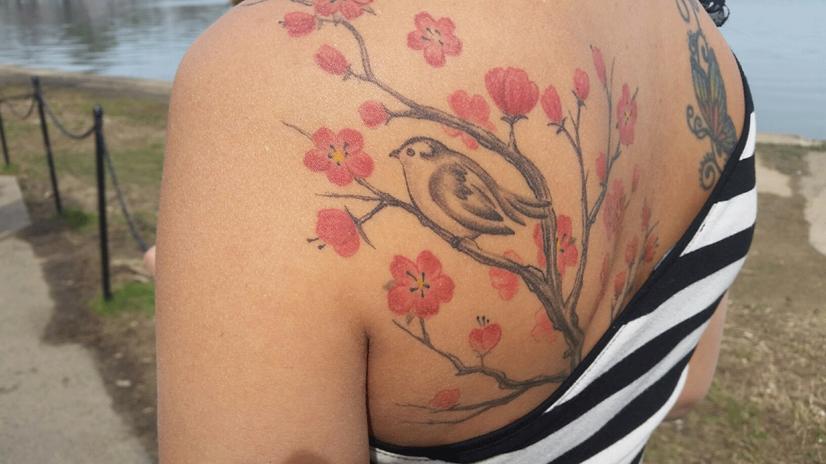 Brazilian visitor 'Andrea' shows off her Cherry Blossom tattoo (WTOP/Kathy Stewart)