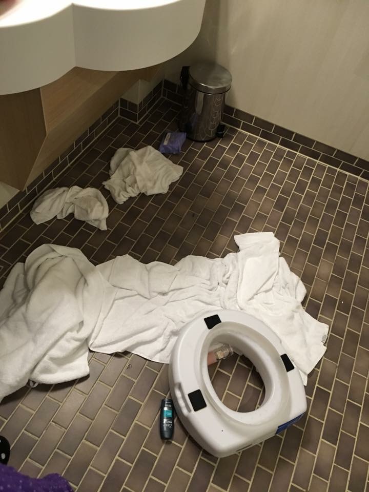 Several items are seen on the floor of a bathroom on the Anthem of the Seas after the cruise ship was rocked by a storm. (Courtesy Cassie Lauterette)