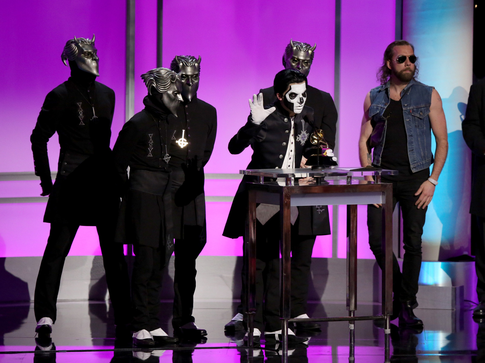 Ghost accepts the award for best metal performance for Cirice at the 58th annual Grammy Awards on Monday, Feb. 15, 2016, in Los Angeles. (Photo by Matt Sayles/Invision/AP)