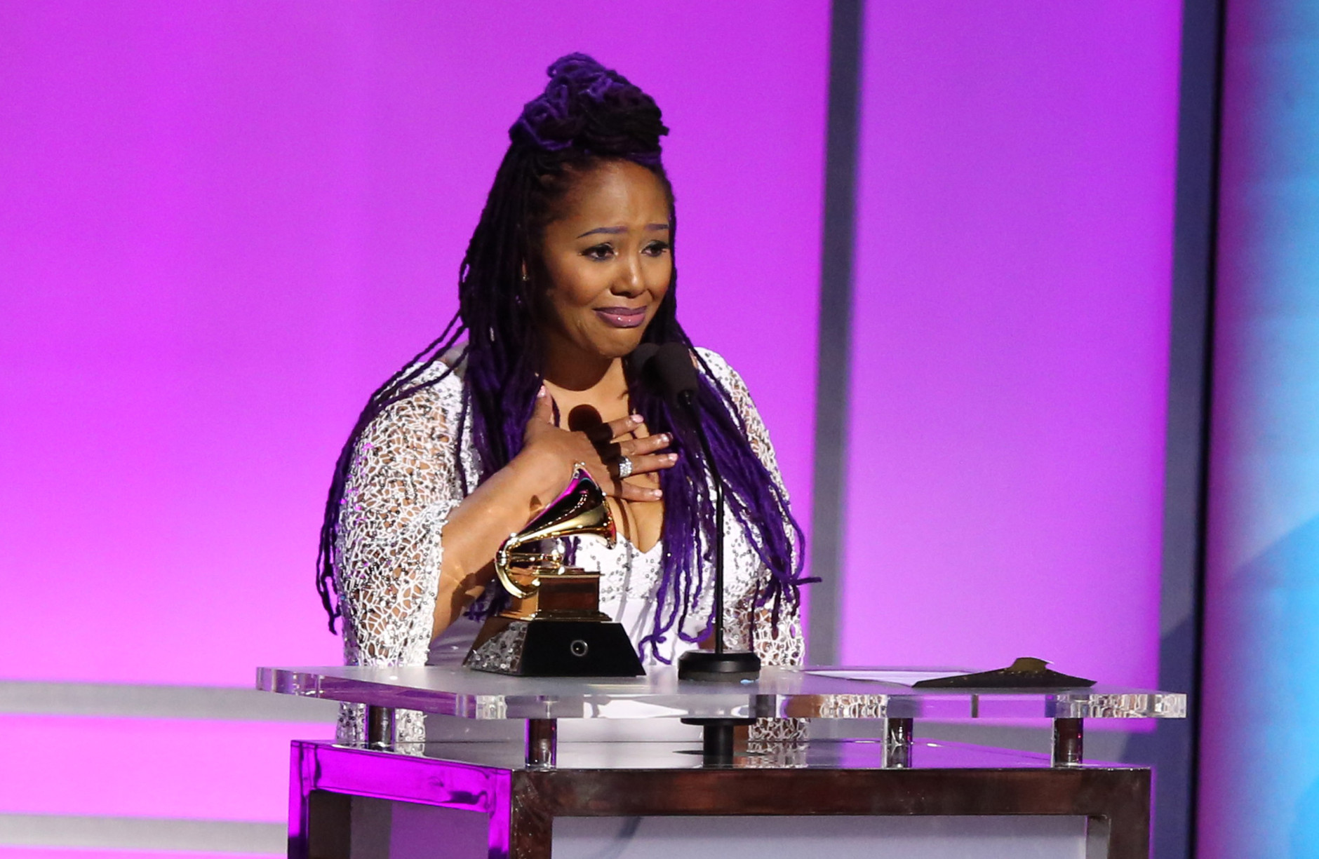 Lalah Hathaway accepts the award for best traditional R&amp;B performance for Little Ghetto Boy at the 58th annual Grammy Awards on Monday, Feb. 15, 2016, in Los Angeles. (Photo by Matt Sayles/Invision/AP)