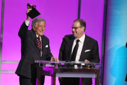 Tony Bennett, left, and Bill Charlap accept the award for best traditional pop vocal album for The Silver Lining: The Songs of John Kern at the 58th annual Grammy Awards on Monday, Feb. 15, 2016, in Los Angeles. (Photo by Matt Sayles/Invision/AP)