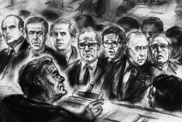 This artist rendering shows the scene in U.S. District Court Saturday, March 9, 1974 when Judge John J. Sirica, foreground, faced the seven men being arraigned on charges stemming from their allegd involvement in the Watergate affair. They are, from left: John D. Ehrlichman, former presidential aid; H.R. Haldman, former White House chief staff; Godon C. Strachan, former aide to Haldeman; Kenneth W. Parkinson, a lawyer retained by the committee to re-elect the president; Charles W. Colson, former special White House counsel; former Attorney Gen. John N. Mitchell; and Robert C. Marcian, former head of internal security at the Justice Department. The drawing is courtesy of ABC artist Frieda Reiter. (AP Photo)