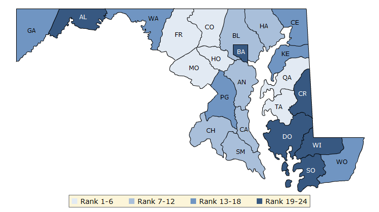Howard and Montgomery counties ranked first and second in Maryland for health factors, which include categories such as smoking, obesity, sexually transmitted infections, excessive drinking and teen births.  (Courtesy the County Health Rankings & Roadmaps Report)