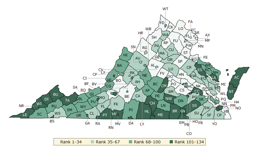 Results for counties and cities in Virginia reflect a trend observed nationwide: More urban areas tend to have better health outcomes compared to more rural areas. (Courtesy County Health Rankings & Roadmaps Report)