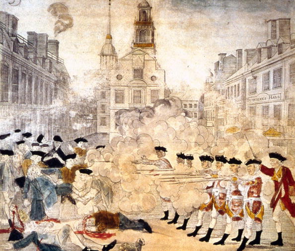The Boston massacre in which British troops opened fire on a crowd, killing five people and inflaming American opinion. Original Artwork: Picture by Paul Revere (1735 - 1818).   (Photo by MPI/Getty Images)