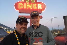The owner of 29 Diner, John Wood (left), with friend and cancer survivor Pat Malone. (WTOP/Michelle Basch)