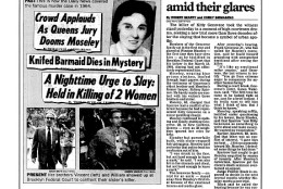 Daily News page 7, July 25, 1995, Headline: Kin see Kitty's killer - He ask new trial amid their glares. The killer of Kitty Genovese took the witness stand yesterday in a moment of high courtroom drama, seeking a new trial more than three decades after the slaying that became a symbol of urban apathy. Members of the Genovese family sat in the first row and glared at Winston Moseley, the first time they have seen him, as he testified in Brooklyn Federal Court that his lawyer in the March 13, 1964, slaying had not effectively represented him. Kitty's brothers Vincent Geneovese and William Genovese showed up at the court. (Photo By: /NY Daily News via Getty Images)