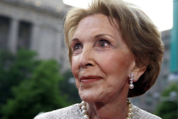 Former first lady Nancy Reagan arrives at Ronald Reagan building, Wednesday, May 11, 2005, in Washington. Mrs. Reagan made her first big public event Wednesday, since her husband's state funeral, in the building named after her husband.  (AP Photo/Manuel Balce Ceneta)