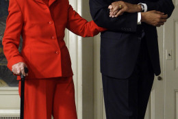 President Barack Obama escorts former first lady Nancy Reagan into the Diplomatic Reception Room of the White House in Washington, Tuesday, June 2,2009, before signing the Ronald Reagan Centennial Commission Act. (AP Photo/Haraz N. Ghanbari)