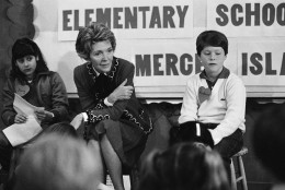FILE - In this Feb. 14, 1984 file photo, first lady Nancy Reagan sits with a fourth and fifth grade class at Island Park Elementary School on Mercer Island, Wash. where she participated in a drug education class. At left is Amy Clarfeld, 10, and Andrew Cary, 10, is at right. During a visit with schoolchildren in Oakland, Calif., Reagan later recalled, "A little girl raised her hand and said, 'Mrs. Reagan, what do you do if somebody offers you drugs?' And I said, 'Well, you just say no.' And there it was born." On the occasion of  Legalization Day, Thursday, Dec. 6, 2012, when Washingtons new law takes effect, AP takes a look back at the cultural and legal status of the evil weed in American history. (AP Photo/Barry Sweet, File)