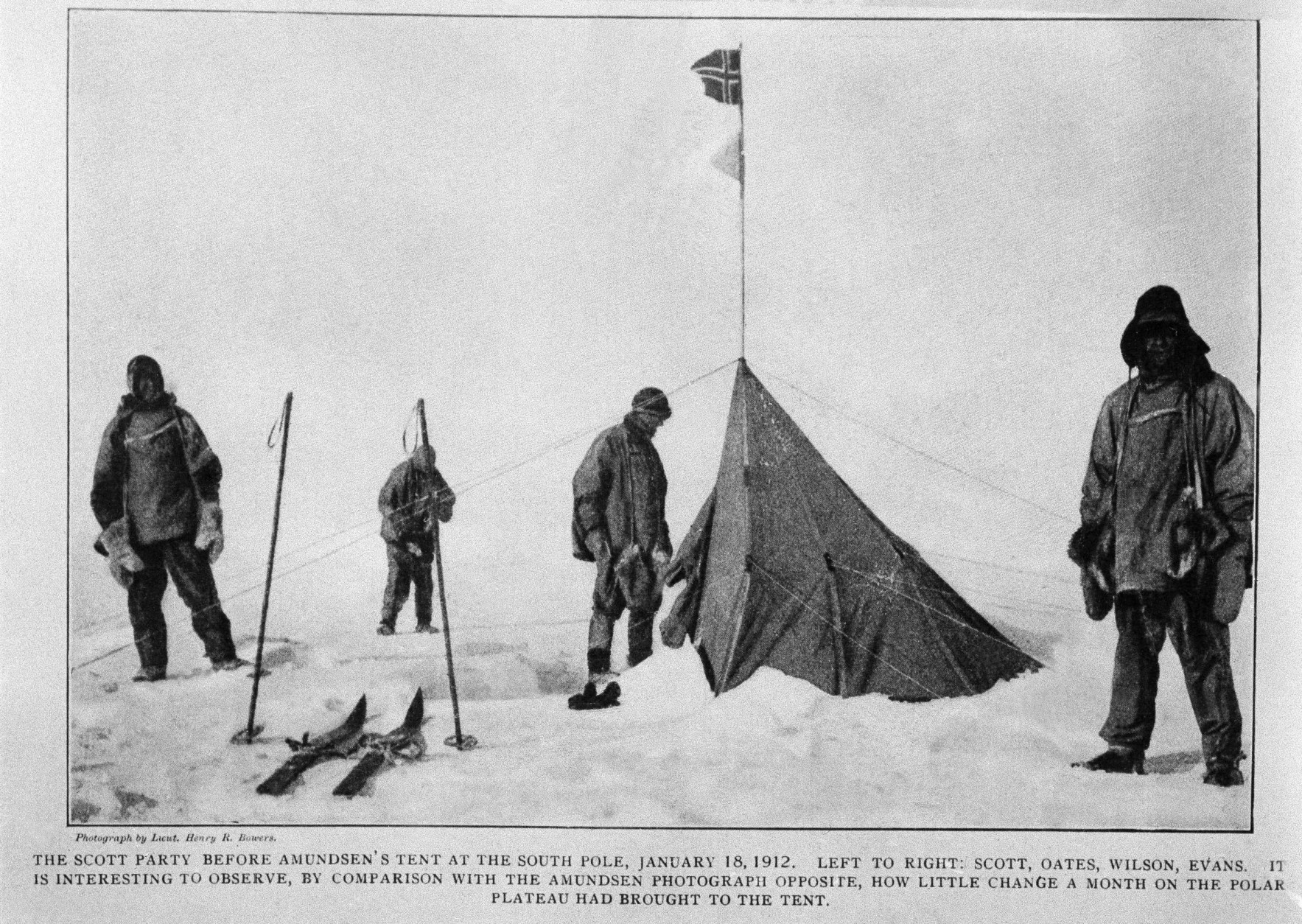 The Scott Party before Roald Amundsen's tent at the South Pole, Jan. 18, 1912. From left to right: Robert Falcon Scott, Captain Lawrence Oates, Edward Adrian Wilson, and Edgar Evans. Picture taken before Scott party left for the Pole. From "The Voyage of Discovery" by Robert F. Scott. (AP Photo)