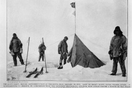 The Scott Party before Roald Amundsen's tent at the South Pole, Jan. 18, 1912. From left to right: Robert Falcon Scott, Captain Lawrence Oates, Edward Adrian Wilson, and Edgar Evans. Picture taken before Scott party left for the Pole. From "The Voyage of Discovery" by Robert F. Scott. (AP Photo)