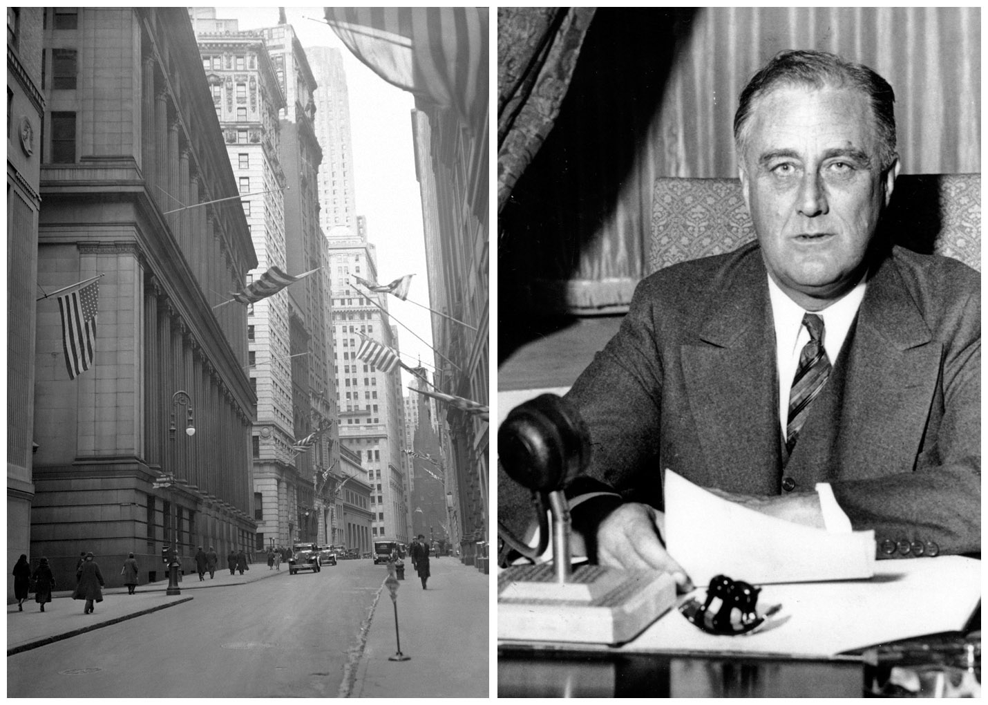 This combination of Associated Press file photos shows, left, the financial district during a two-day bank holiday on March 4, 1933, and President Franklin D. Roosevelt about to deliver a fireside chat to the American people on March 12, 1933. On March 15, 1933, the Dow had its biggest percent gain. The stock market had been closed after President Franklin D. Roosevelt temporarily shut down the banks and the government passed an emergency act where the Federal Reserve essentially agreed to insure banks deposits. (AP Photo/File)