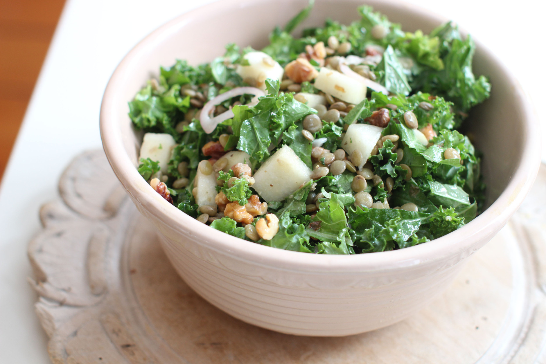 This Feb. 2, 2015, photo shows chopped kale and lentil winter salad in Concord, N.H. This winter salads manages to feel both energizing and comforting at the same time. (AP Photo/Matthew Mead)