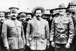 This picture, taken at the border at Nogales, Ariz., in 1916, shows, from left, Gen. Alvaro Obregon, Gen. Pancho Villa and Gen. John J. Pershing in a friendly meeting.  (AP Photo)