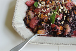 This September 21, 2015 photo shows black rice autumn salad in Concord, NH. (AP Photo/Matthew Mead)This Sept. 21, 2015 photo shows black rice autumn salad in Concord, NH. Rice salads are the perfect side dish that can be turned into a main meal just by adding some rotisserie chicken, tofu or fish.(AP Photo/Matthew Mead)