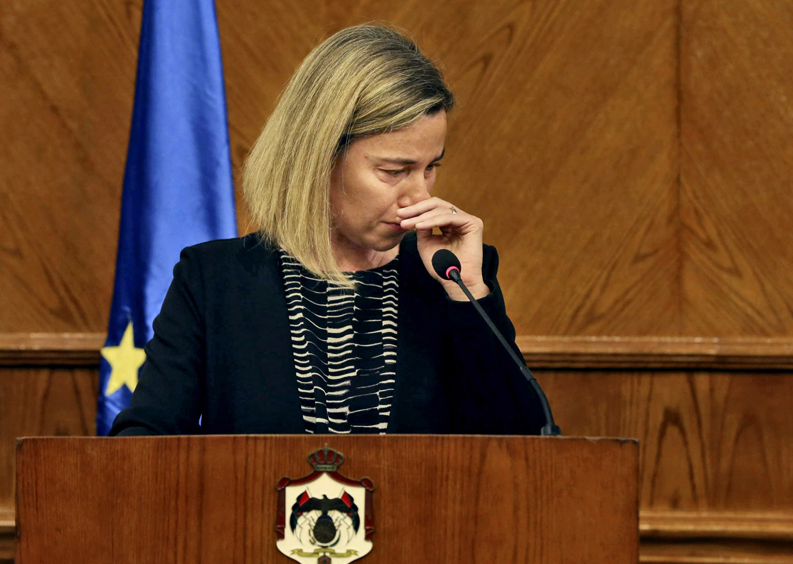 European Union Foreign Policy Chief Federica Mogherini, reacts to the latest news on the Brussels attacks, during a news conference with Jordanian Foreign Minister Nasser Judeh in Amman, Jordan, Tuesday, March 22, 2016. Mogherini, fighting back tears, has stopped short a news conference in Jordan after saying that “today is a difficult day,” in reference to the Brussels attacks. (AP Photo)