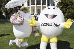 IMAGE DISTRIBUTED FOR AMERICAN EGG BOARD - AEB "Abe" The American Egg Board mascot, right, poses with Shellton the Egg at the White House Easter Egg Roll festivities on the White House South Lawn in Washington, Monday, March 28, 2016. (Kevin Wolf/AP Images for American Egg Board)