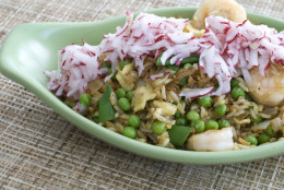 In this image taken on April 8, 2013, shrimp fried rice with pickled radishes is shown in Concord, N.H. (AP Photo/Matthew Mead)