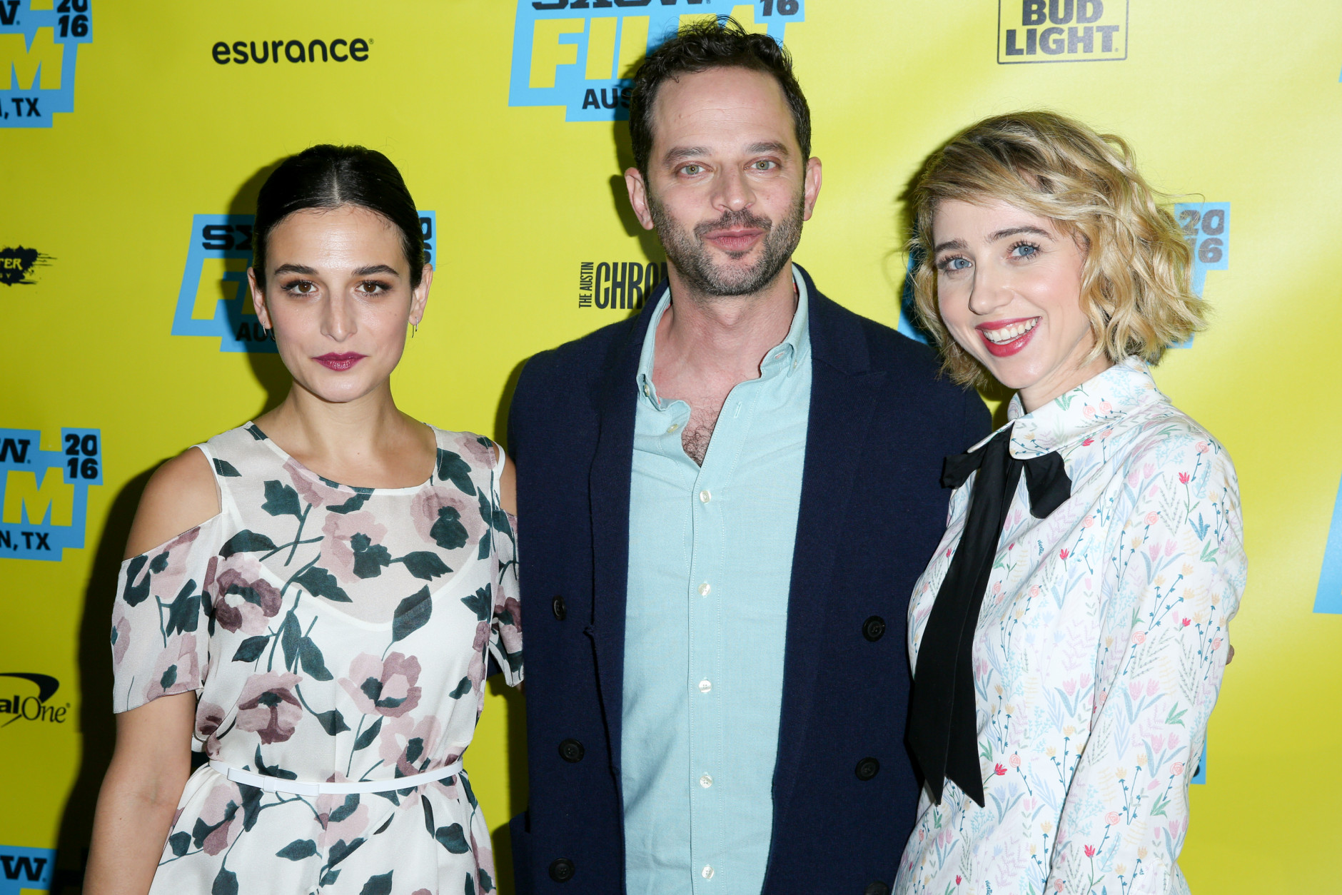 Jenny Slate, from left, Nick Kroll and Zoe Kazan arrive at the screening of "My Blind Brother" during South By Southwest at the Topfer Theatre on Saturday, March 12, 2016, in Austin, Texas. (Photo by Rich Fury/Invision/AP
