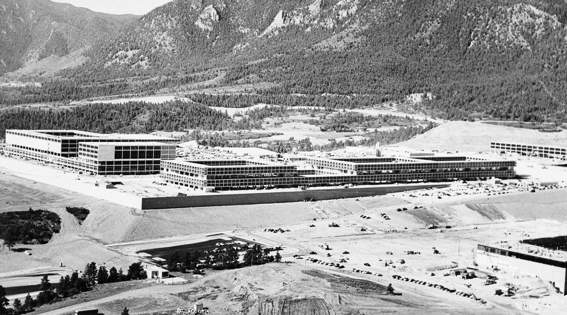 Aerial view shows the nearly completed U.S. Air Force Academy, 60 miles south of Denver in Colorado Springs, Aug. 1, 1958. (AP Photo)