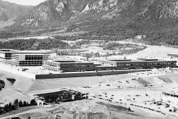 Aerial view shows the nearly completed U.S. Air Force Academy, 60 miles south of Denver in Colorado Springs, Aug. 1, 1958. (AP Photo)