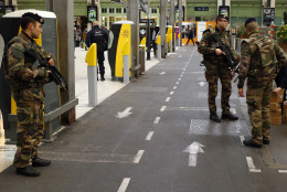 French soldiers patrol in Gare De Lyon railway station in Paris, France, Tuesday, March 22, 2016. Authorities are tightening security at airports and on the streets of European cities after attacks on the Brussels airport and subways system that killed at least one person and injured many others. (AP Photo/Francois Mori)