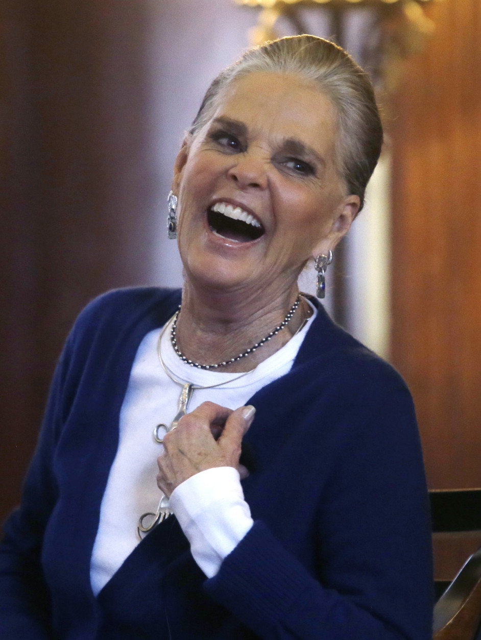 Actor Ali MacGraw participates in a talk with students on the campus of Harvard University in Cambridge, Mass., Monday Feb. 1, 2016, more than 45 years after the release of the 1970 classic "Love Story." MacGraw and Ryan O'Neal, now in their 70s, currently are co-starring in a national tour of "Love Letters," which is about a man and a woman who maintain contact over 50 years through notes, cards and letters. (AP Photo/Elise Amendola)