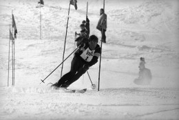 Vladimir "Spider" Sabich of Kyburz, Calif., spins through gate in men's slalom at Vail International Team races on March 7, 1969. Sabich, who had best time in first run, placed fifth, the only American in the top 15. Austria was first, France second and U.S. tied for third with Switzerland. (AP Photo/Robert D. Scott)