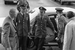 1st Lt. William L. Calley Jr. and his military counsel, Maj. Kenneth A. Raby, left, arrive the Pentagon for testimony before an Army board of investigation on the alleged My Lai Massacre in Washington on Dec. 6, 1969. Calley is charged with the murder of at least 109 civilians at the Vietnamese village. (AP Photo)