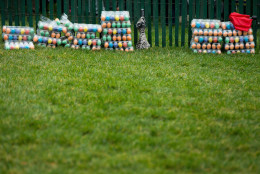 Cartons of colored Easter eggs are stacked next to umbrellas on the South Lawn of the White House in Washington, Monday, March 28, 2016, where President Barack Obama, first lady Michelle Obama and the Easter Bunny were to host the White House Easter Egg Roll. Thousands of children gathered at the White House for the annual Easter Egg Roll. This year's event features  live music, sports courts, cooking stations, storytelling, and Easter egg rolling. (AP Photo/Andrew Harnik)