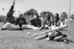 Locked out of the St. Louis Cardinals baseball spring training site, in St. Petersburg, Florida, on April 3, 1972, these five players worked in a city park .    From left, pitcher Reggie Cleveland; pitcher Jerry Reuss; third baseman Joe Torre; pitcher Hoe Drabowsky and pitcher Joe Grzenda. (AP Photo)