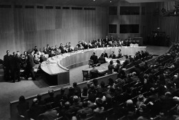 United States Secretary of State James F. Byrnes, seated third at table, watches as Andrei Gromyko, Russian Delegate, standing second from left, leads the Russian delegation from the United Nations Security Council meeting at Hunter College in New York City, March 27, 1946. Standing at left is Prof. Bons Stein, chief Soviet adviser. Seated on Byrnes right are: Edward R. Stettinius, Jr. of the U.S. and Sir Alexander George Montagu Cadogan of the United Kingdom. (AP Photo)