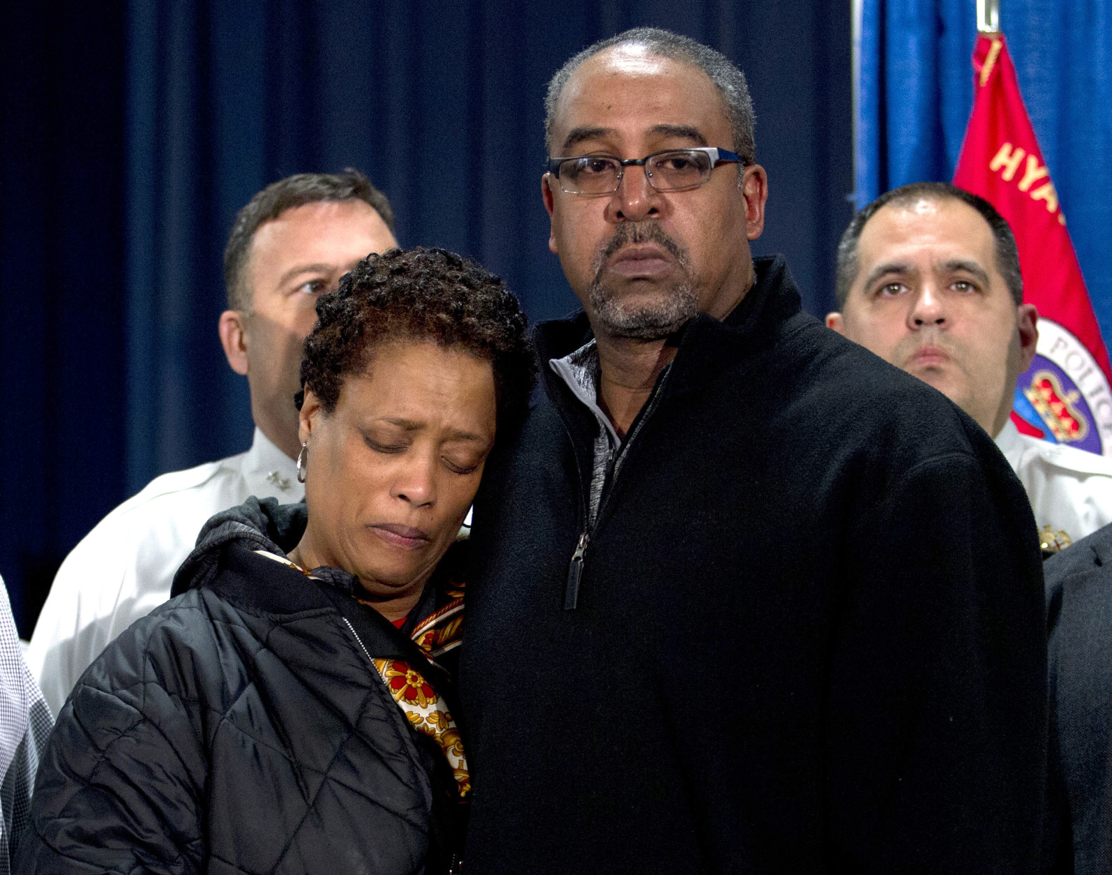 The parents of police officer Jacai Colson, James and Sheila Colson attend a news conference at Prince George's County Police headquarters Monday, March 14, 2016, in Hyattsville, Md. Colson, a four-year veteran of the force was shot outside the District III police station. Colson, a four-year veteran of the force and a undercover narcotics officer was mortally wounded by his own colleagues as he responded to an attack on his police station by a gunman with a death wish, their police chief angrily explained on Monday. ( AP Photo/Jose Luis Magana)
