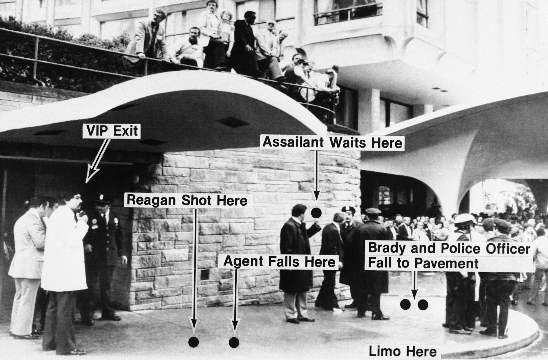 Photo diagram highlights logistics of President Ronald Reagan and others during the assassination attempt on the president outside the Hilton Hotel in Washington, March 30, 1981. (AP Photo)