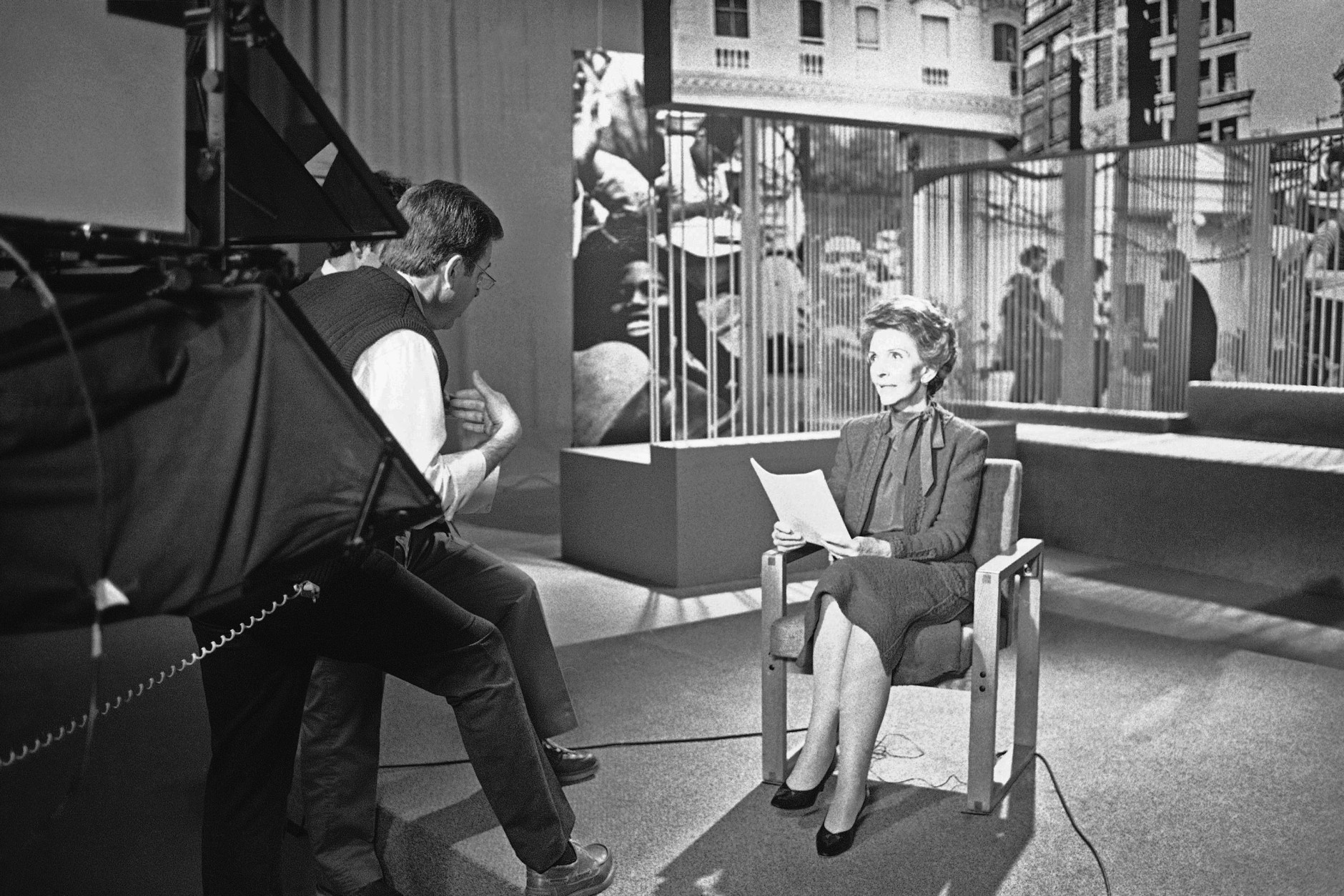 Nancy Reagan takes a show for Public Broadcasting Service concerning teenage drug and alcohol abuse on Wednesday, April 14, 1983 in Pittsburgh. The program offered was to fight drug abuse among young people. (AP Photo/Gene J. Puskar)
