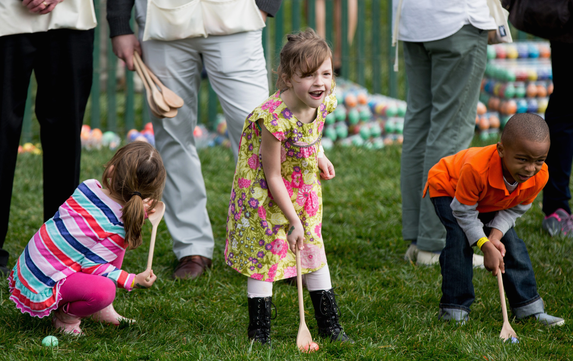Children participate in the White House Easter Egg Roll on the South Lawn of the White House in Washington, Monday, March 28, 2016. Thousands of children gathered at the White House for the annual Easter Egg Roll. This year's event features  live music, sports courts, cooking stations, storytelling, and Easter egg rolling. (AP Photo/Andrew Harnik)