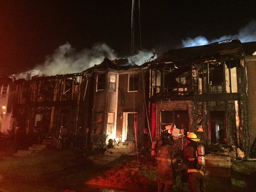 A three-alarm fire destroyed four town houses in Brandywine, Maryland, early Thursday morning. (Prince George's Fire/EMS Department/Marc Bashoor)